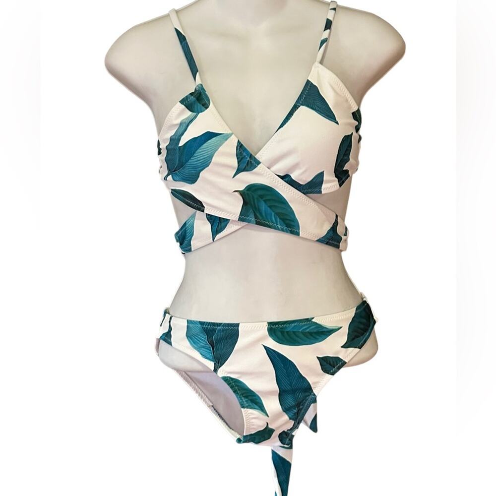 Women's Size Small Wrap Style Swimsuit Tropical Leaf Print Two Piece Bikini